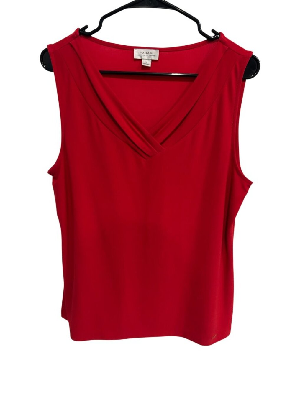 Tahari Red Pleated Plunge V-Neck Sleeveless Blouse Size Large Preppy Chic